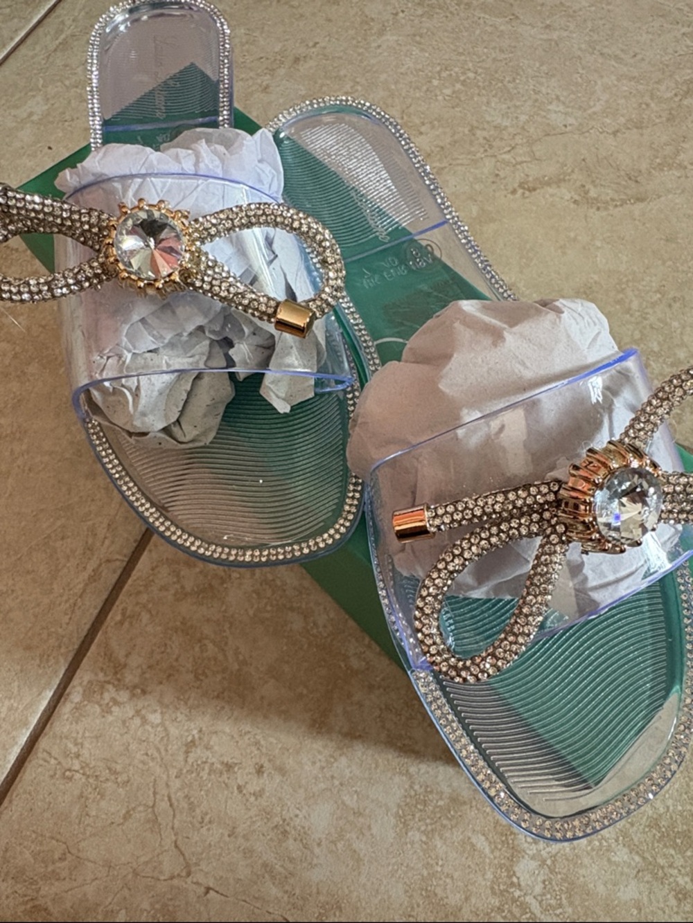 Lauren Lorraine Clear Stone Embellished Slide Sandals
